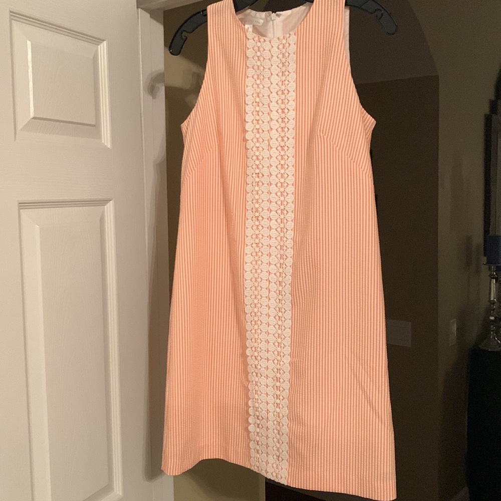 Orange and white seersucker dress